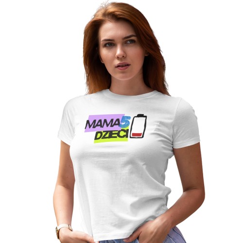 Koszulka damska Mama 5 dzieci śmieszna koszulka dla mamy z nadrukiem bateria prezent na Dzień Mamy 3