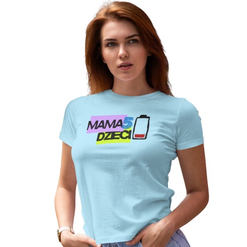 Koszulka damska Mama 5 dzieci śmieszna koszulka dla mamy z nadrukiem bateria prezent na Dzień Mamy 1