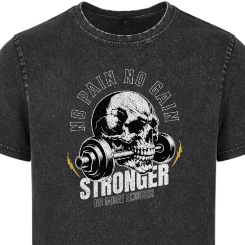 Koszulka męska No Pain No Gain Stronger czaszka sztanga acid wash vintage gym 