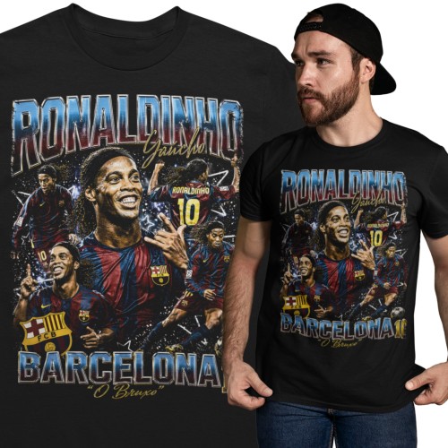 Koszulka męska bawełniana Ronaldinho Brazylia Barcelona numer 10 czarna z nadrukiem piłkarskim 1