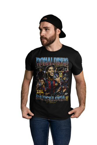 Koszulka męska bawełniana Ronaldinho Brazylia Barcelona numer 10 czarna z nadrukiem piłkarskim 3