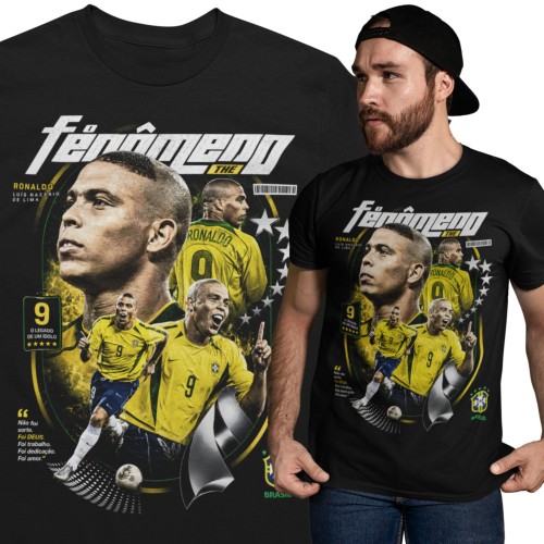Koszulka męska bawełniana Ronaldo Nazário Brazylia numer 9 czarna z nadrukiem piłkarskim 1