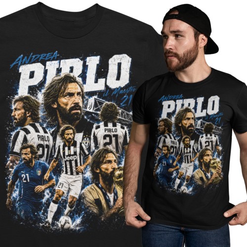 Koszulka męska bawełniana Andrea Pirlo Włochy Turyn numer 21 czarna z nadrukiem piłkarskim 1