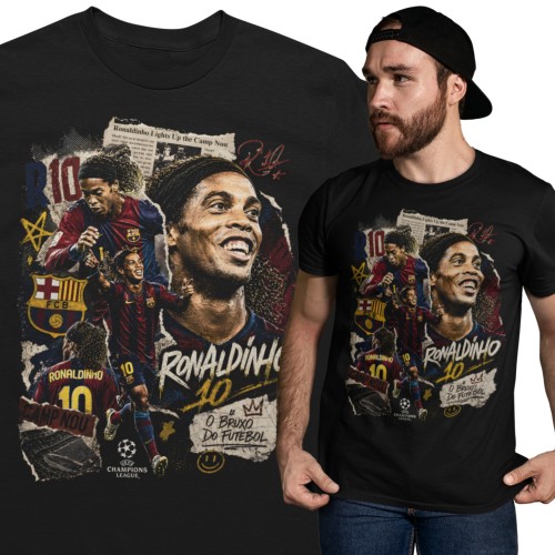Koszulka męska bawełniana Ronaldinho Brazylia Barcelona numer 10 czarna z nadrukiem piłkarskim