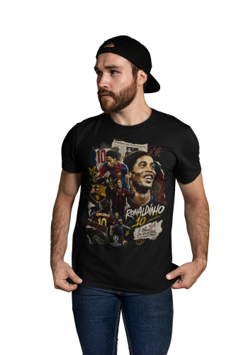 Koszulka męska bawełniana Ronaldinho Brazylia Barcelona numer 10 czarna z nadrukiem piłkarskim 3
