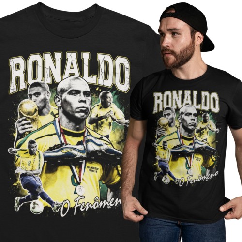 Koszulka męska bawełniana Ronaldo Nazário Brazylia numer 9 czarna z nadrukiem piłkarskim 1