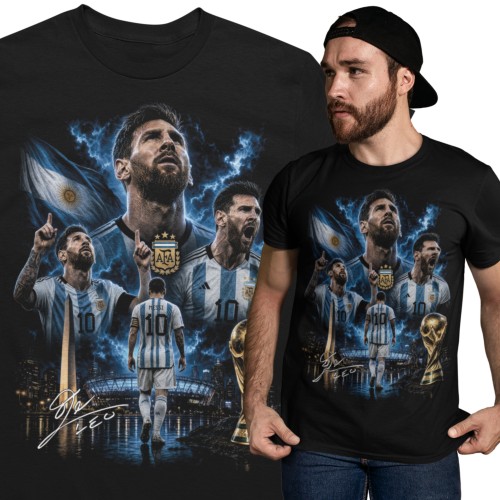 Koszulka męska Lionel Messi Argentyna czarna z nadrukiem piłkarskim
