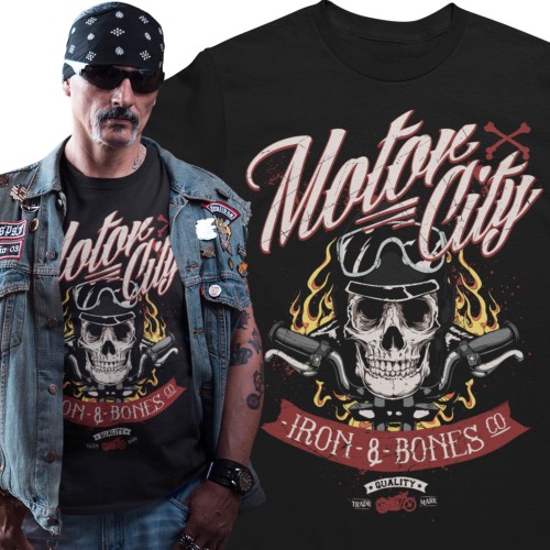 Koszulka męska Motor City Iron & Bones czarna z nadrukiem motocyklowym 1