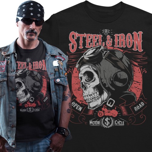 Koszulka męska Steel & Iron czarna z nadrukiem motocyklowym Vintage Biker 1