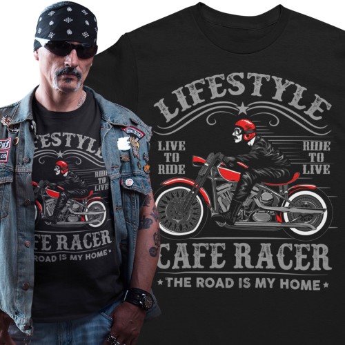Koszulka męska Cafe Racer Lifestyle czarna – Motocykl Vintage, Live to Ride 1