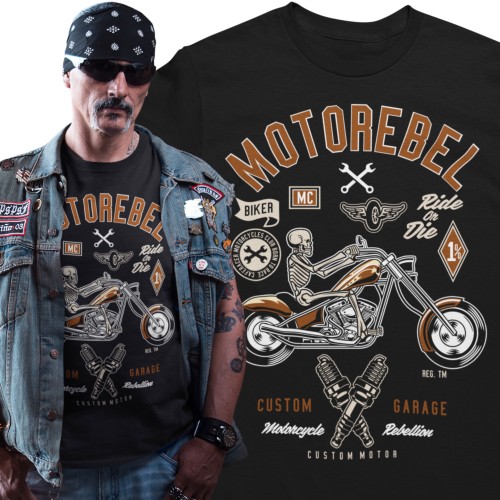 Koszulka męska Motorebel Custom Garage czarna – Skeleton Chopper Biker Vintage