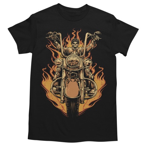 Koszulka męska motocyklowa Biker Chopper Custom z czaszką – Motocyklista Skeleton Flames – czarna 3