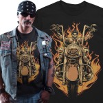 Koszulka męska motocyklowa Biker Chopper Custom z czaszką – Motocyklista Skeleton Flames – czarna