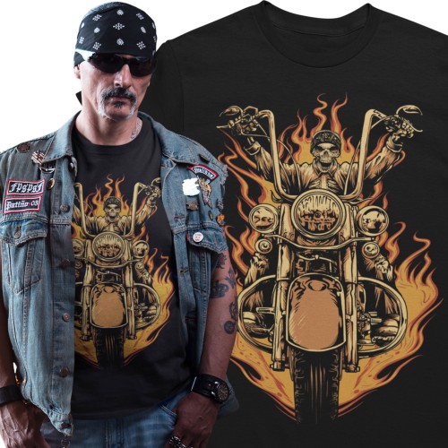 Koszulka męska motocyklowa Biker Chopper Custom z czaszką – Motocyklista Skeleton Flames – czarna 1