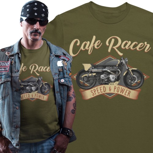 Koszulka męska motocyklowa Cafe Racer Speed & Power – Vintage Retro Motorcycle Oliwkowa
