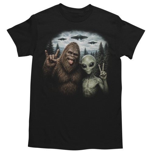 Koszulka męska Bigfoot UFO Kosmita Alien Sasquatch Śmieszna Koszulka z Kosmitą Czarna 1