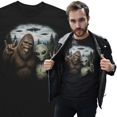 Koszulka męska Bigfoot UFO Kosmita Alien Sasquatch Śmieszna Koszulka z Kosmitą Czarna 2