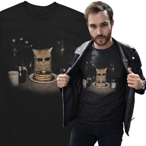 Koszulka męska z kotem w okularach – Śmieszna Koszulka z Kotem, Pancakes, Cat Lover Czarna 2