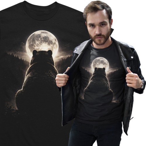 Koszulka męska Niedźwiedź – Bear, Grizzly, Las, Księżyc, Wild Nature Czarna 2