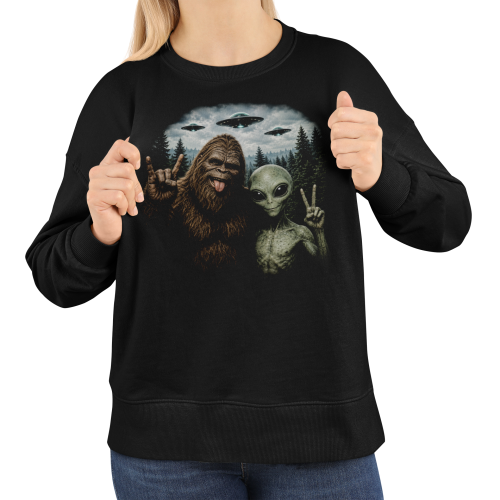 Bluza damska z nadrukiem Bigfoot i Kosmita UFO – zabawna paranormalna 4
