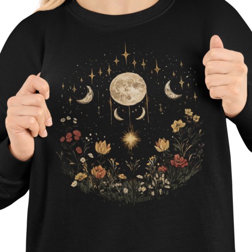 Bluza damska fazy księżyca i kwiaty – Celestial Moon Boho z nadrukiem 2