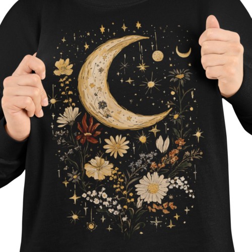 Bluza damska z nadrukiem księżyc i kwiaty – Celestial Boho Vintage 2