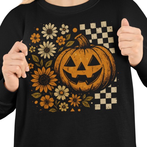 Bluza damska Halloween dynia Jack O’Lantern i kwiaty – Pumpkin Vintage 14