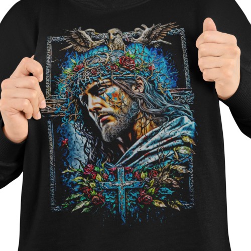 Damska bluza religijna Jezus z koroną cierniową, krzyżem i różami 2
