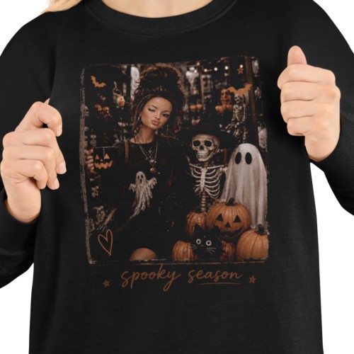 Damska bluza na Halloween Spooky Season – duch, szkielet i dynie 14