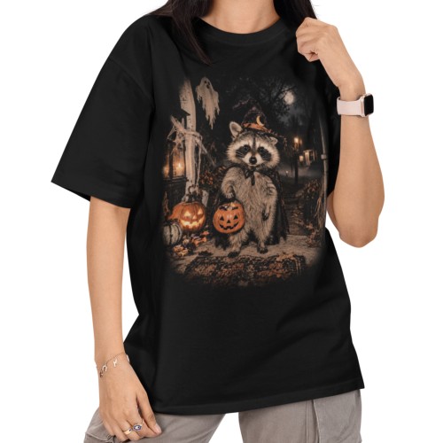 Damska Koszulka Oversize Halloween Szop z Dynią Czarna 1