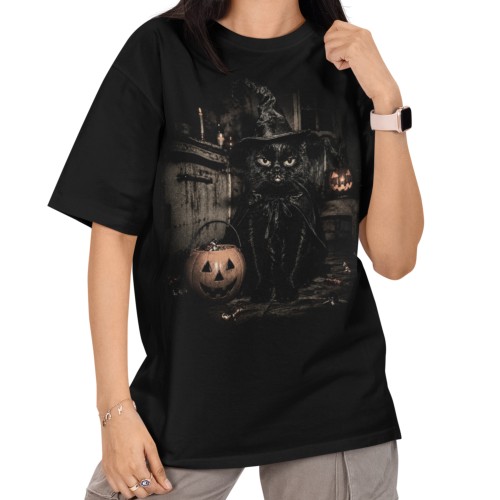 Damska Koszulka Oversize Halloween Czarny Kot Czarownica Czarna 1