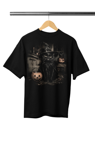 Damska Koszulka Oversize Halloween Czarny Kot Czarownica Czarna 2