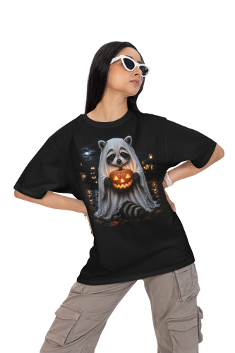 Damska Koszulka Oversize Halloween Szop Duch z Dynią Czarna 5