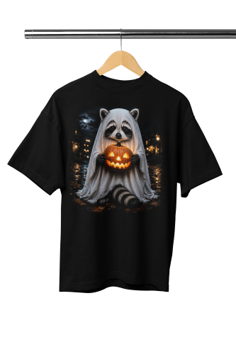 Damska Koszulka Oversize Halloween Szop Duch z Dynią Czarna 2