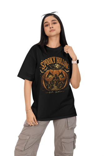 Damska Koszulka Oversize Halloween Spooky Hollow Dynia Czarna 3