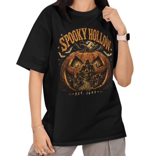 Damska Koszulka Oversize Halloween Spooky Hollow Dynia Czarna 