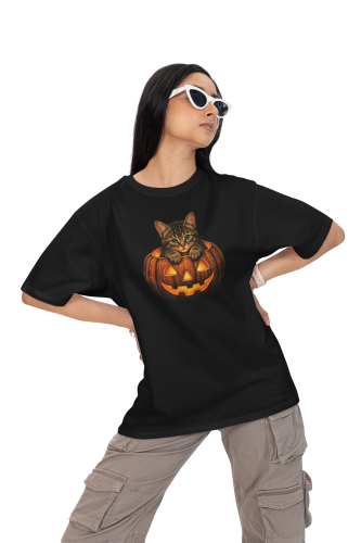 Damska Koszulka Oversize Halloween Kotek w Dyni Czarna 5