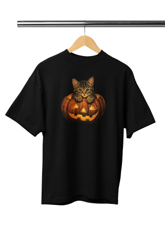 Damska Koszulka Oversize Halloween Kotek w Dyni Czarna 2