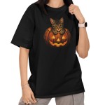 Damska Koszulka Oversize Halloween Kotek w Dyni Czarna