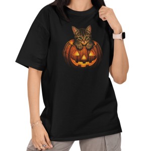 Damska Koszulka Oversize Halloween Kotek w Dyni Czarna
