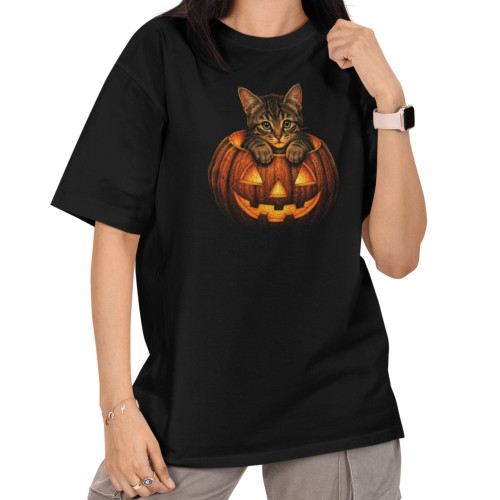Damska Koszulka Oversize Halloween Kotek w Dyni Czarna 1