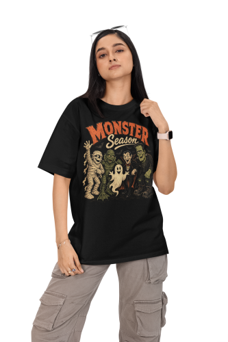 Damska Koszulka Oversize Halloween Monster Season Potwory Czarna 3