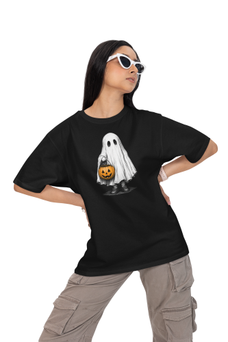 Damska Koszulka Oversize Halloween Duch z Dynią Czarna 5