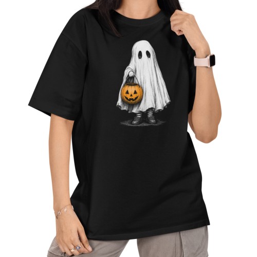 Damska Koszulka Oversize Halloween Duch z Dynią Czarna 1