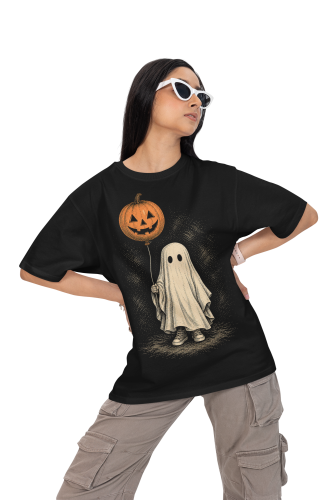 Damska Koszulka Oversize Halloween Duch Balon Dynia Czarna 5