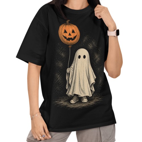 Damska Koszulka Oversize Halloween Duch Balon Dynia Czarna 