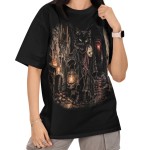 Damska Koszulka Oversize Halloween Mroczny Czarny Kot Czarna
