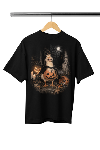 Damska Koszulka Oversize Halloween Gęś Czarownica Dynia Czarna 2