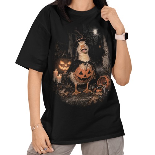 Damska Koszulka Oversize Halloween Gęś Czarownica Dynia Czarna 1