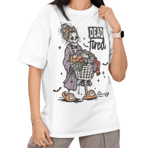 Damska Koszulka Oversize Halloween Szkielet Dead Tired Biała 1